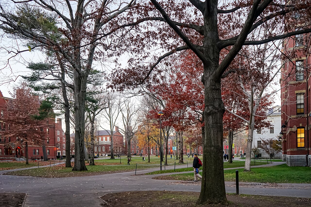 Harvard Yard in autumn, with students walking between the university's historic buildings